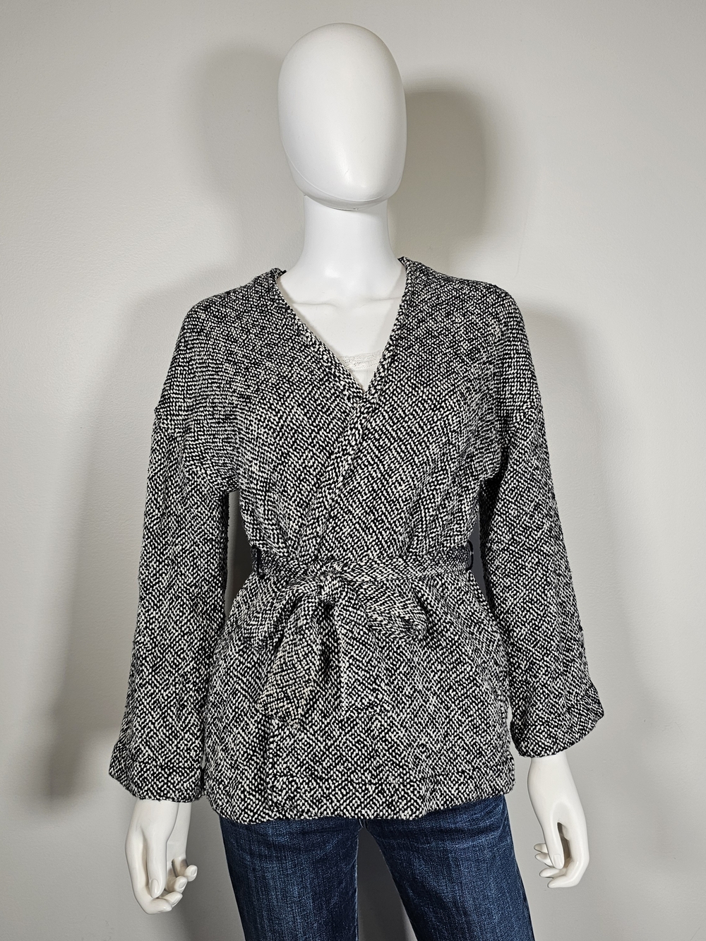 Eileen Fisher Black and White Knit Wrap Cardigan with Tie Sz S